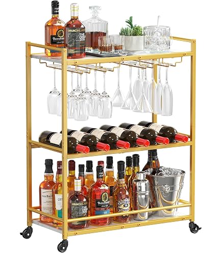 Chariot De Cuisine 2 Niveaux Laiton - Avec Porte-Bouteilles - 79x45x65,5cm