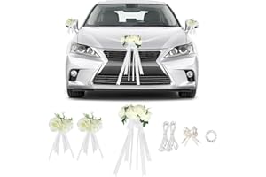 SUPAWAY Dekoracja kwiatowa na wesele, zestaw dekoracji maski, kolor biały, 3 róże, przyssawki, 2 x 4,4 m wstążki, 4 kokardki i 1 taśma klejąca, dekoracja pojazdu na wesele