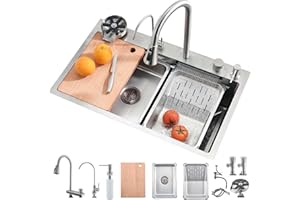 Bokaiya Fregadero de Cocina, Cascada de Acero Inoxidable Raindance Nano Fregadero, Multifuncional con Grifo Extraíble, Tabla de Cortar, Lavavasos, Rainfall Fregadero Cocina 1 Seno 75x45x21cm (Plata)