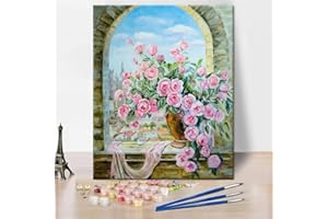 TISHIRON Paint by Numbers A Bouquet of Roses at the Window Painting Kits by Number for Adults Kids on Canvas Frameless Wall Decor with Paintbrushes Acrylic Pigment for Home Living Room Decor 16 x20 inch