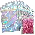 KAHEIGN 100Pcs Foil Ziplock Bags, 10 x 15cm Holographic Colour Mylar Bags Double-Sided Metallic Foil Flat Ziplock Smell Proof Storage Bags for Party Favor Jewellery Candy Cookies