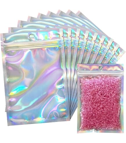 200 sacchetti olografici in alluminio, 4 misure, riutilizzabili, colorati, in alluminio, richiudibili, con chiusura a cerniera, in Mylar