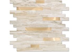 Yipscazo 1 Sheet Peel and Stick Stone Metal Tile Backsplash, Stick on Tiles for Backsplash Kitchen, Bathroom, Laundry Room, Camper, Fireplace (12'' X 12'', Beige Stone with Gold)