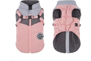 Savlot Dog Coat Winter Puppy Coats Dog Winter Coat Dog Harness Coat Small Dog Jacket with Harness Built-in Puppy Adjustable Jacket Reflective Waterproof Dog Coats (M, Pink + Grey)