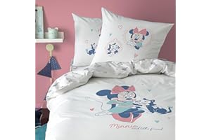 OMYDREAM Minnie Little Friend Parure de lit Enfant 1 Personne | 100% Coton | Oeko-TEX | Housse de Couette 140x200 cm + Taie d'oreiller 63x63 cm | Imprimé Réversible Fille | Blanc