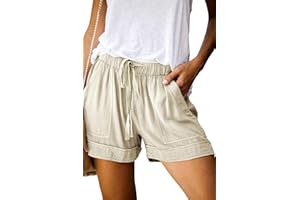 comefohome Shorts Womens UK Summer Drawstring Cotton Elastic Waist Solid Color Casual Shorts with Pockets
