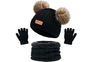 BEIFON Cappello a Maglia Bambini Invernale Sciarpa Guanti Berretto in Maglia con Pompom Ragazzi Berretto Sciarpa Beanie Cappello Scaldacollo per Ragazzo e Ragazza（3-8 Anni）