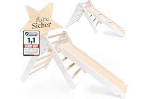 KIDSWOODYSTAR Kids Woody Star® Kletterdreieck mit Rutsche/Sprossenleiter 2in1 Set [EXTRA SICHER] Klettergerüst Indoor ab 1 Jahr | Pikler Dreieck Kletterbogen | Montessori Spielzeug | Klappbar