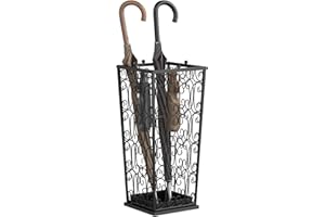 AcornFort U-02 LARGE SIZE Black Metal Classical Walking Stick Holder Umbrella Stand Home Office Hallway Storage With 4 Top Knob Hooks and One Bottom Rainwater Leaking Tray 56 * 25 * 25 CM