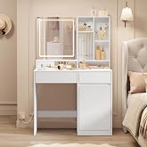 VASAGLE Kailyn Collection &ndash; Dressing Table with LED Lights, Socket Strip, Dimmable Light in 3 Colours, Make-up Table with Dra