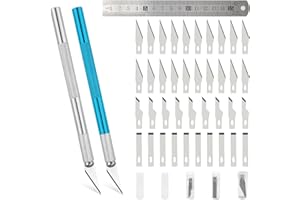 JUGCUT 2pcs Precision Craft Knife Set with 40 Spare Blades 4 Types Blades and 1 Steel Rule, Professional Precision Carving Hobby Knife for DIY Art, Craft, Model Making, Scrapbooking,Paper Cutting