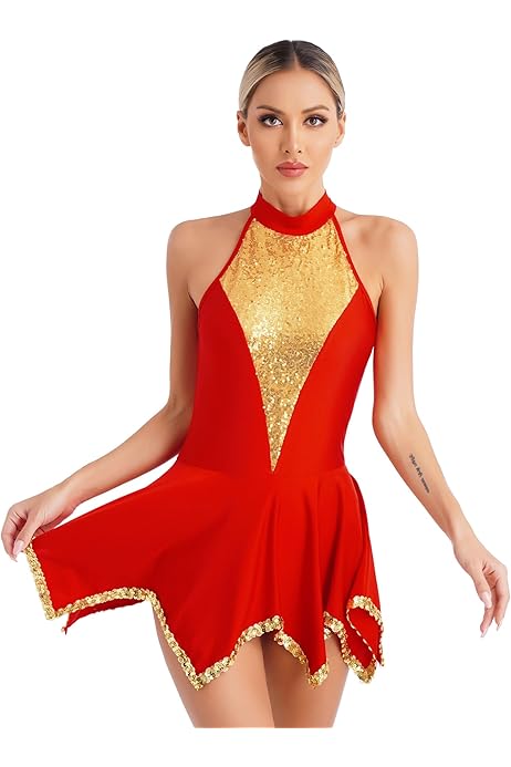 Yruioon Eiskunstlauf Kleid Damen | Glitzer Kürkleid Langarm | Mit Eingebautem Slip