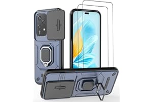 DERHAN Hülle für Honor 200 Lite, Panzerhülle mit Schutzfilm [2 Stück] + Slide Camera [Kameraschutz], Schutzhülle Stoßfest Handyhülle mit Ring Ständer - Blau