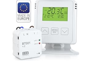 ELEKTROBOCK BT731 Funk-Raumthermostat mit Empfänger - Standfuß - Reichweite bis 35 m - Für elektrische Heizung und Infrarotheizung - Wochenprogramme und Frostschutz, Weiß