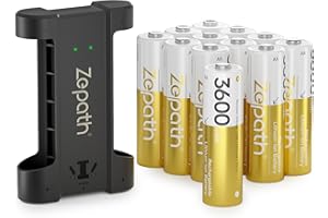 Zepath 12 x AA Rechargeable Lithium Batteries with Charger, 3600 mWh High Capacity 1.5 V AA Batteries, Durable Rechargeable AA Li-ion Battery