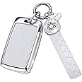 SHANGHONG for Land Rover Key Fob Cover with Keychain, Genuine Leather Crystal Key Case Protection Shell Compatible with Land Rover Vogue Range Discovery Rover Sport (White)