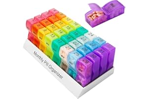 PEWELL Organisateur mensuel de pilules, organisateur de médicaments, organisateur de pilules de 31 jours 2 fois par jour, étui à pilules un mois le matin, boîte à pilules de voyage de 4 semaines, portable