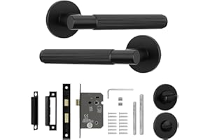 Decoranddecor Hera Black Door Handles Internal - Aluminium Matt Black Door Handle Sets for Wooden Interior Doors - Internal Door Handles with Bathroom Door Lock