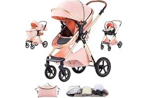 Shineey 3 in 1 Pram Pushchair Aluminium Frame High Landscape Combined Buggy Lightweight Folding Stroller 3 in 1 Travel System Pram for Newborns Toddlers 0-36 Months from Birth