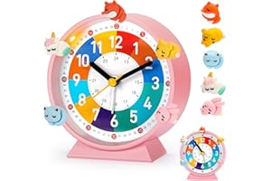 PIXESTT Despertador Infantil, Reloj Despertador Infantil para Principiantes En La Escuela, Sin Sonido Tic-TAC, con FuncióN De Luz Nocturna Y FuncióN De RepeticióN, con 5 Adornos De Despertador