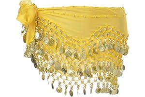 SamHeng Damen Bauchtanz Gürtel Chiffon Hüfttuch, Bauchtanz Münztuch Bauchtanz Münzgürtel Tanztuch Bauchtanz Kostüm mit 128 Münzen für Mädchen Frau für Performance Kostüm Bauchtanz Yoga Kurs