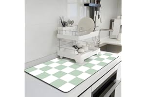 BLESWIN Checkered Dish Drying Mat for Kitchen, 40 x 60CM Coffee Bar Mat for Countertops, Coffee Station Mats with Non-Slip Rubber Backed, Absorbent Dish Dying Mat for Kitchen Counter, Green & White