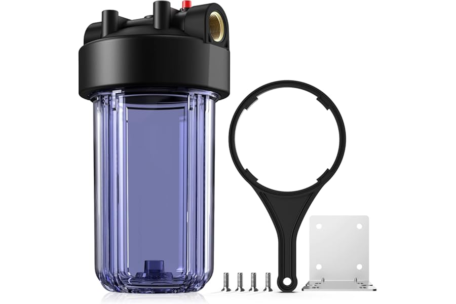 SimPure Whole House Water Filter Housing (DB10C), 10" x 4.5" Big Filter Housing Blue for Whole Home Water Filtration, Sediment Water Filter System for Well, 1" BSP Brass Port, Clear Housing