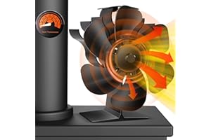 Lvelfe Ofenventilator Ohne Strom, 6 Blättern Kaminventilator, Leiser Kamin Ventilator Lüfter, Kamin Ofen Kaminlüfter mit Thermometer für Holzofen,Brennholz,Feuerstelle,Pelletofen,Kaminofen Holz