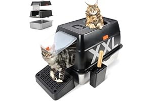 Kalolary Stainless Steel Cat Litter Box with Lid, Enclosed Removable Metal Litter Tray for Large Cat with Top Entry, High Sided Enclosure, Scoop, Non-Sticky, Easy Cleaning(Black - top entry)