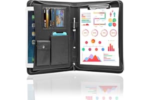 NEWYES Conférencier A4 à fermeture éclair multifonction en cuir avec porte-stylo et classeur à anneaux, noir