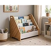 ROZITOYS Ahşap Yer Kitaplığı 3 Raflı Kapaklı Kitap Standı, Montessori Tarzı Yer Kitap Rafı ve D&uuml;zenleyici
