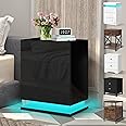 ELFORDSON LED Bedside Table with 3 Drawers, 4-side High Gloss, 16 RGB LED Colours, Bedside Cabinet with Plug, Remote Control, Side Table Nightstand for Bedroom Living Room Home Furniture, Black