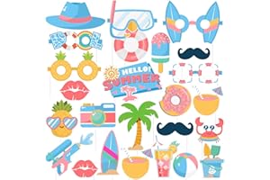 SUNBEAUTY 25 PCS Summer Beach Photo Booth Props Summer Pool Party Decor Hawaiian Beach Parties Decorations Tropical Themed Selfie Props Luau Seaside Accessories Supplies