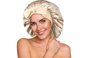 Umisleep 100% jedwabny czepek do spania – dwustronny jedwab morwowy do długich włosów, oddychający i miękki, 22 momme, z regulowanym paskiem, bladozłoty, Jasne złoto