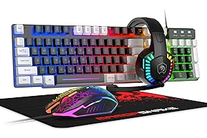 MANBASNAKE Wired Rainbow LED Backlit Keyboard and Mouse, Over Ear Headphone with Mic, Gaming Mice and Pad, for PC, Xbox and PS4 (Black/White)
