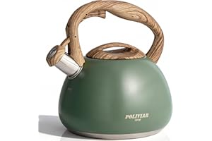 POLIVIAR 7379 Poliviar Wasserkessel Induktion, Edelstahl Pfeifkessel, Teekessel für alle Kochplatten, Flötenkessel mit Holzmasergriff, Wasserkocher für Tee & Kaffee, max. 2.7L, Wildes grün