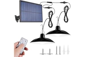 BYZESTY Lampada solare per interni ed esterni, lampada solare con telecomando, lampada a LED solare IP65, impermeabile, per esterni, con cavo da 10 m, lampada a sospensione solare a doppia testa per giardino,