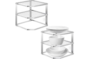 Lonian 3 Tier Counter and Cabinet Corner Shelf Organizer, 2-Pack Kitchen Countertop and Cupboard Organizer Rack, Metal Pantry Organizer and Storage Shelf for Plates, Cups, Dishes ﻿