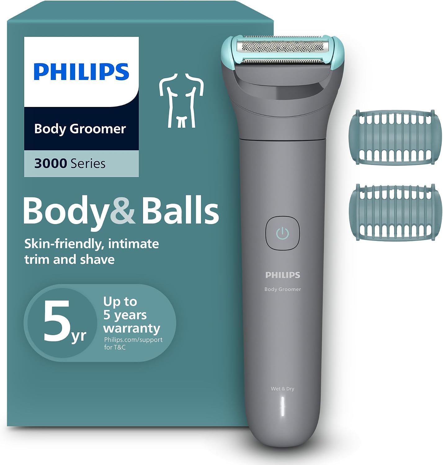 Philips Afeitadora Corporal series 3000 - Depiladora Masculina con sistema de protección, Recorta y depila zonas íntimas, Afeitado suave y apurado, 100% impermeable, 80 min. de autonomía, BG3480/15.