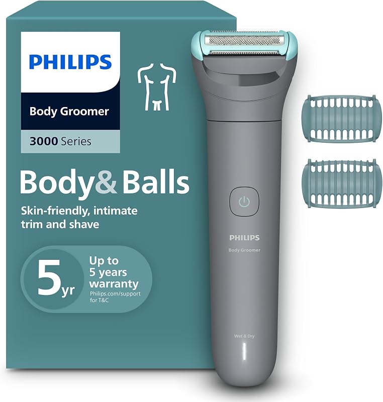 Philips Afeitadora Corporal series 3000 - Depiladora Masculina con sistema de protección, Recorta y depila zonas íntimas, Afeitado suave y apurado, 100% impermeable, 80 min. de autonomía, BG3480/15.