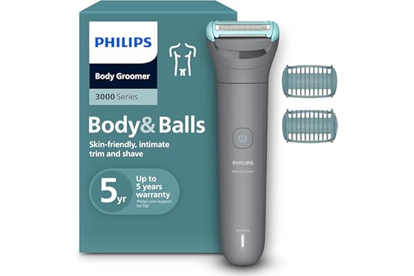 Philips Afeitadora Corporal series 3000 - Depiladora Masculina con sistema de protección, Recorta y depila zonas íntimas, Afeitado suave y apurado, 100% impermeable, 80 min. de autonomía, BG3480/15.