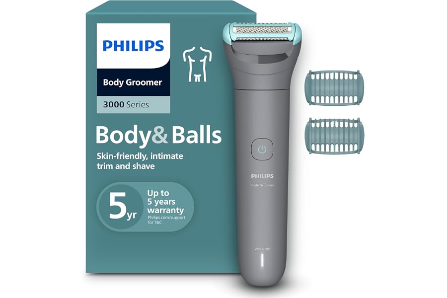 Philips Afeitadora Corporal series 3000 - Depiladora Masculina con sistema de protección, Recorta y depila zonas íntimas, Afe