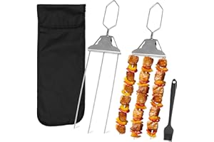 DAMIGHT Stainless Steel Barbecue Skewers, Pack of 2, 3-Way Barbecue Skewers, Stainless Steel, Semi-Automatic Barbecue Fork, BBQ Metal Skewers with Barbecue Accessories for Outdoor Use, Kebab Skewers Stainless