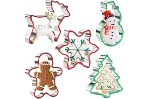 CRETHINKATY Lot de 5 Emporte-Pièces de Noël en Acier Inoxydable en Forme de Bonhomme en Pain d'épices, Flocon de Nneige, Bonhomme de Neige, Arbre de Noël et Renne avec Bord en PVC Souple Emporte-Pièce
