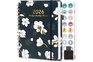 NEYSA Agenda 2026 Semainier Spirale, Jan- Déc 2026 (12 mois) A5 Agenda Scolaire Avec Boucle de Stylo, Autocollants de Plan & Onglets Mensuels, Pochette -21 x 15 cm (Blanc-fleur)