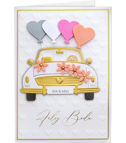 Tarjeta De Boda 3D Pop-up Con Coche Clásico - 15x20 Cm - Regalo Original Para Bodas, San Valentín O Aniversarios