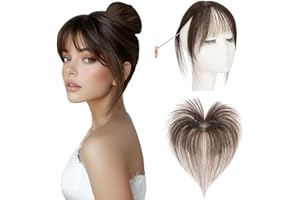 Elailite Clip in Fringe Human Hair Wispy French Bangs Real Hair Lace Base 360°Cover Top HairPieces 5 Inch - #02 Dark Brown