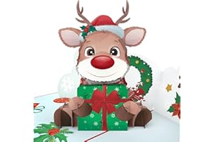 MOKIO® Biglietto di Natale Pop-Up – Renna con regalo – simpatico Biglietto di auguri 3D per Natale, come buono regalo natalizio o per un regalo in denaro
