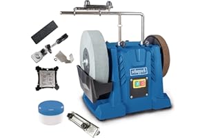 Scheppach Nass-Schleifsystem Tiger 7000s inkl. Homekit | Schleifmaschine 200W Induktionsmotor Schleifstein 250 x 50 mm 220k | Vorrichtung 40/60/70 | Abziehpaste | Steinpräparierer | Winkellehre