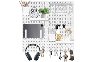 Veftsvy Pegboard Werkzeugwand Set, 4PCS Board Kunststoff Gitter Wand, Skadis Stecktafel mit 2 Einlegeböden, 2 Behältern, 14 Haken